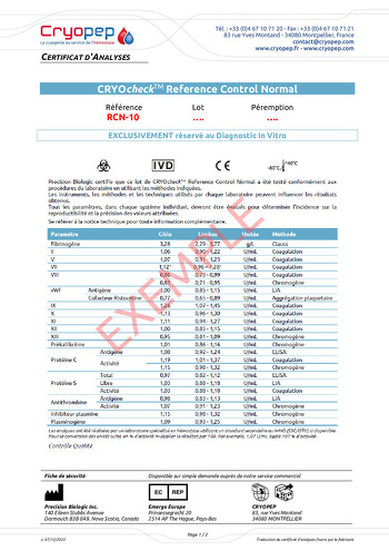 CRYOcheck™ Reference Control Normal Certificate of analysis